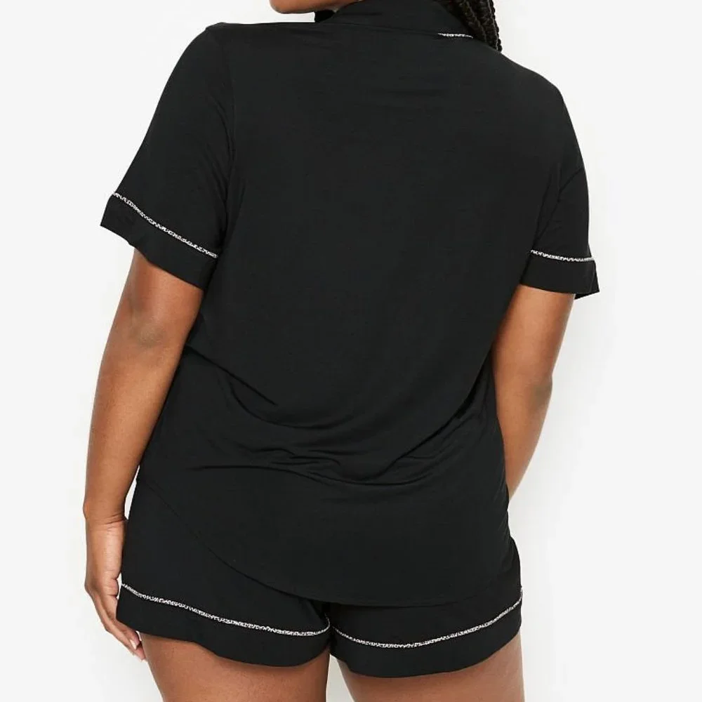 L VS Short PJ Set Black with Leopard Piping Heavenly Modal Softest PJs NWT - Picture 10 of 11